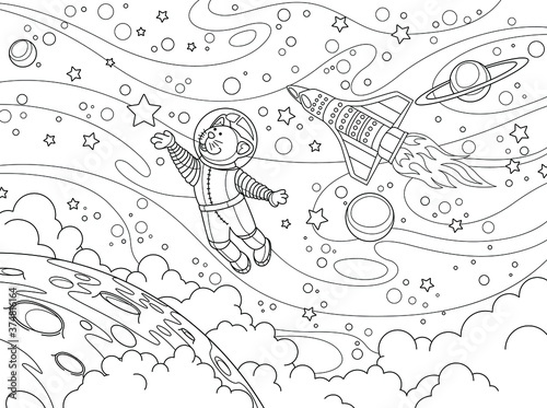 Black and white anti-stress paint. Contour painting. Cat cosmonaut in a space suit in weightlessness catches a star. For anti-stress books, relax. - Vector graphics