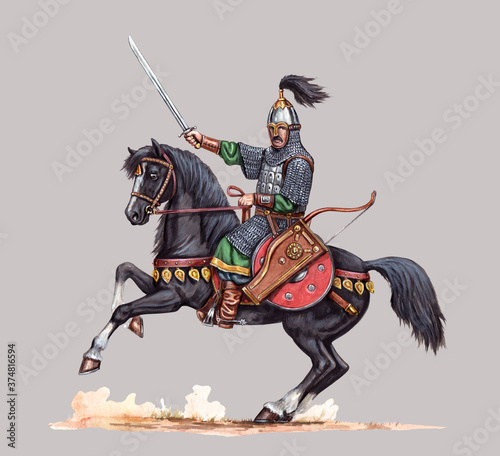 Medieval mounted knight. Heavy armored rider. Knight with sword illustration. 
