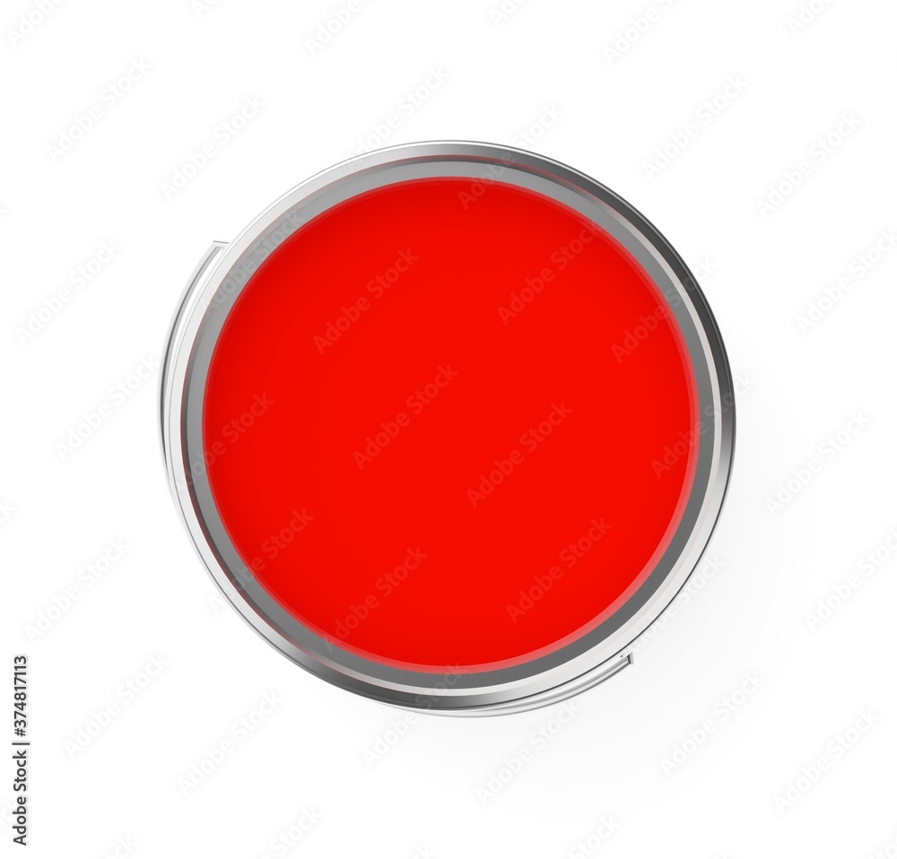 Red paint in silver paint bucket isolated on white background, home