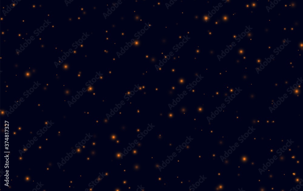 Orange sparkles on a dark blue background, fireflies flying in the night. Abstract lightning bugs in the evening sky. Glowing stardust light effect. Vector backdrop.