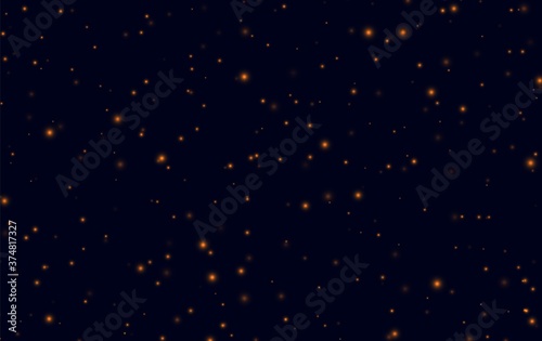 Orange sparkles on a dark blue background, fireflies flying in the night. Abstract lightning bugs in the evening sky. Glowing stardust light effect. Vector backdrop.