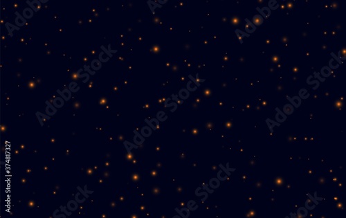 Obraz na płótnie Orange sparkles on a dark blue background, fireflies flying in the night. Abstract lightning bugs in the evening sky. Glowing stardust light effect. Vector backdrop. w salonie