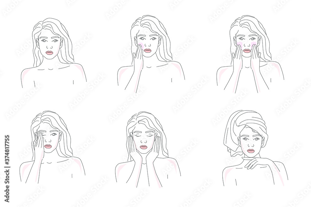Hand painted outline drawing- woman in info graphic collection, Skin care Icons set. Hand painted outline drawing- woman in info graphic collection, Skin care Icons set.