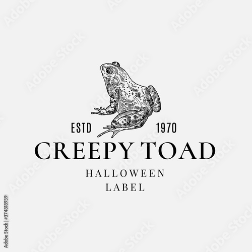 Premium Quality Halloween Logo or Label Template. Hand Drawn Creepy Toad or Frog Sketch Symbol and Retro Typography.