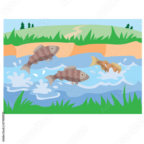 fish splashing in a pond surrounded by green grass, cartoon illustration, vector,