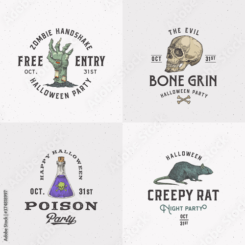 Vintage Style Halloween Logos or Labels Template Set. Hand Drawn Scull, Zombie Arm, Poison Flask and Rat Sketch Symbols Collection. Retro Typography. Shabby Textures Background.