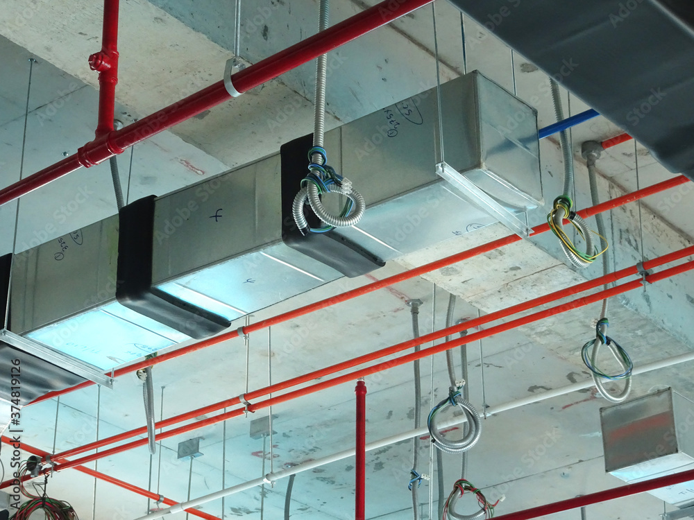 KUALA LUMPUR, MALAYSIA - AUGUST 31, 2019: Air-condition and ventilation duct under construction at the construction site. Distributing cool air and control the room's temperature.  