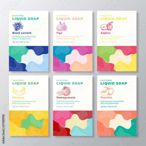 Liquid Soap Package Label Templates Set. Abstract Shapes Camo Background Vector Covers. Cosmetics Packaging Design Collection. Modern Typography and Hand Drawn Berries and Fruits Sketches.