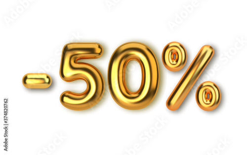 50 off discount promotion sale made of realistic 3d gold balloons.