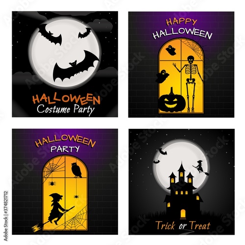 Happy Halloween greeting card or banner for social media templates. Windows in haunted house Vector illustration. Halloween horror characters Witch on broom, ghost, bat, pumpkin, sceleton, spider web,