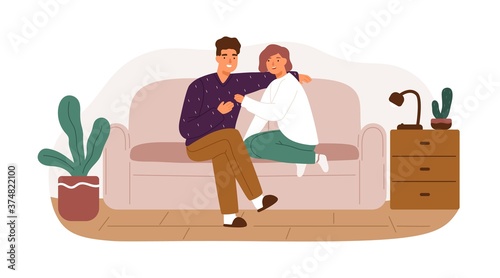 Happy couple smiling and talking sitting on couch at living room vector flat illustration. Joyful man and woman relaxing spending time together at home isolated on white. Young family enjoy weekend