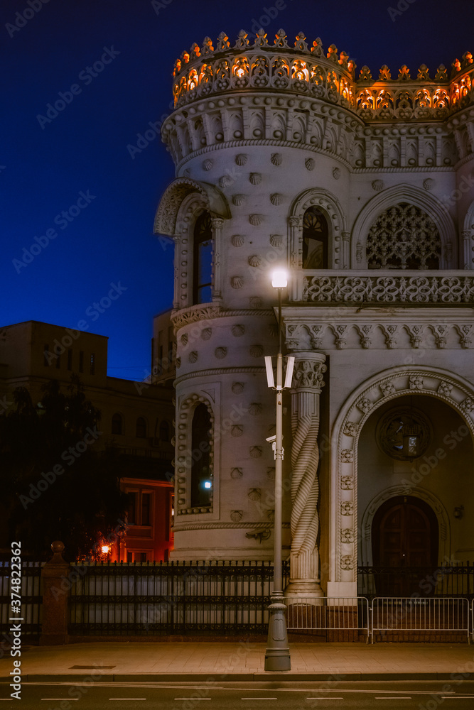 Famous historical building in Moscow at night, beautiful architecture