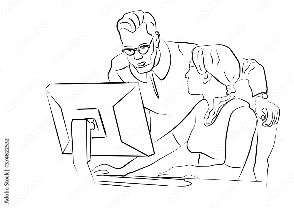 man and woman working together in office