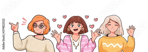Group of funny female anime characters vector illustration in Japanese manga style. Portrait of three girls waving hand, winking, smiling in love isolated. Kawaii teenage with positive emotions