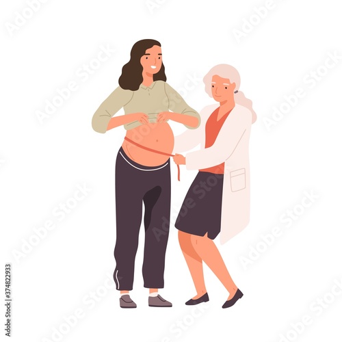 Female doctor measuring belly of pregnant woman use tape line vector flat illustration. Future mother visited physician at clinic isolated on white. Happy girl enjoying healthcare during pregnancy