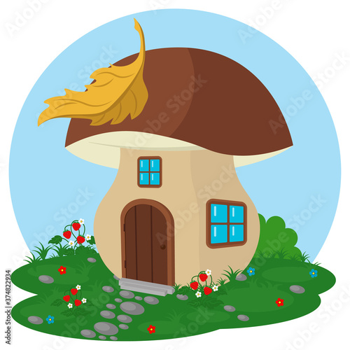 Fairy-tale mushroom house in a clearing. Vector illustration of the home of small creatures.
