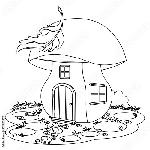 Fairy mushroom house in a clearing coloring book. Vector illustration of a house of small creatures.