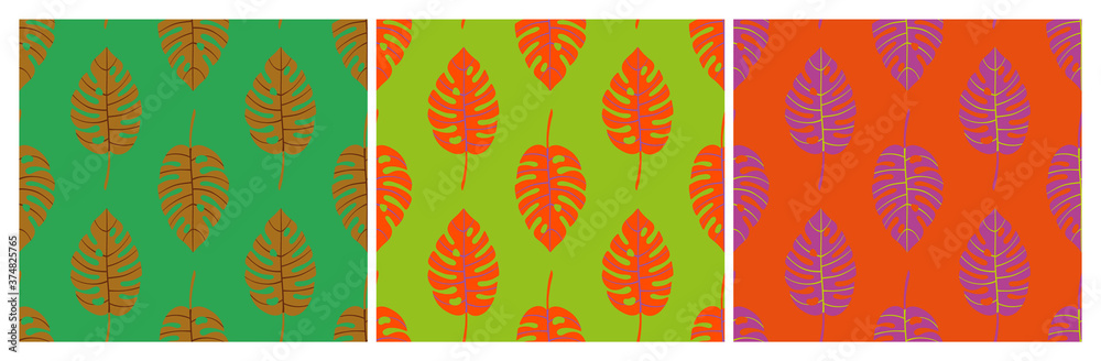 Set of bright geometric seamless patterns with vertical rows of monstera tropical leaves with veins. Repeat symmetrical botanical patterns. Vector illustration. Set of bright geometric seamless patterns with vertical rows of monstera tropical leaves with veins. Repeat symmetrical botanical patterns. Vector illustration.