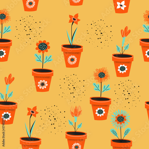 Seamless pattern on a yellow background. Flower pot.