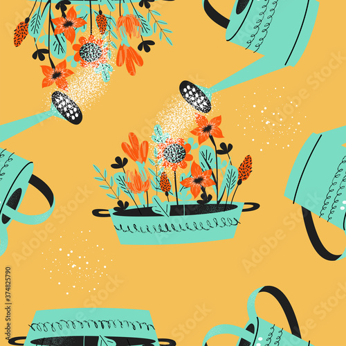 Seamless pattern on a yellow background. Flower seedlings are watered from a garden watering can.