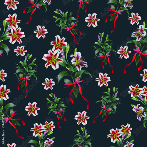 Seamless pattern with retro flowers on a dark blue background. Vector illustration.