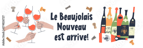 Beaujolais Nouveau has arrived, the phrase is written in French. Vector illustration.