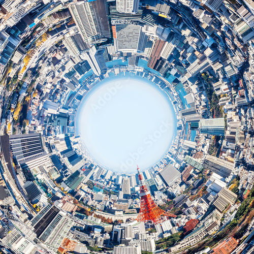 Canvas Print panoramic modern city skyline aerial view under blue sky in Tokyo, Japan