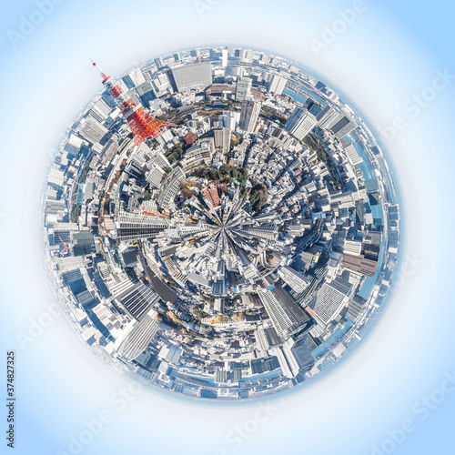 panoramic modern city skyline aerial view under blue sky in Tokyo, Japan