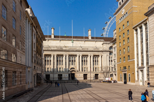 Shot of the London County Hall building facade and entrance on Belvedere Road photo