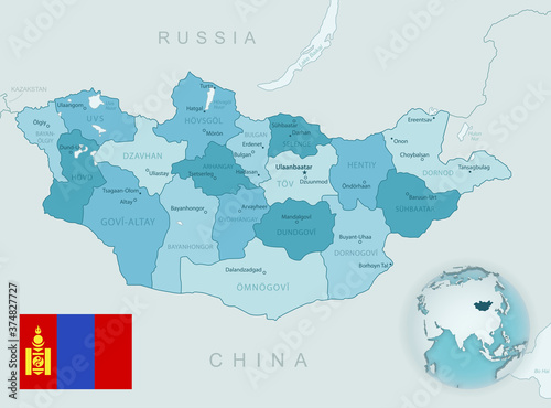Blue-green detailed map of Mongolia administrative divisions with country flag and location on the globe.
