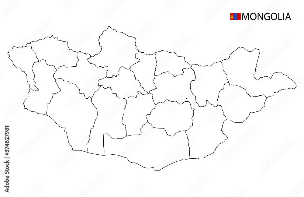 Mongolia map, black and white detailed outline regions of the country.