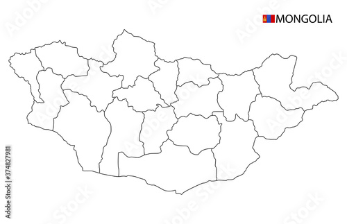 Mongolia map, black and white detailed outline regions of the country.