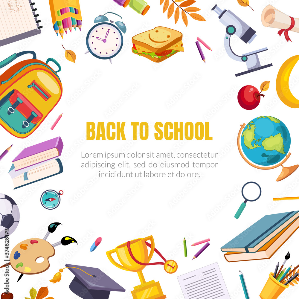 Back to School Banner Template with Space for Text and School Supplies Seamless Pattern Cartoon Vector Illustration