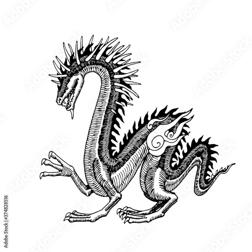 decorative horned dragon with flames, symbol of good luck, fantasy animal, vector illustration with black ink contour lines isolated on a white background in a cartoon & hand drawn style