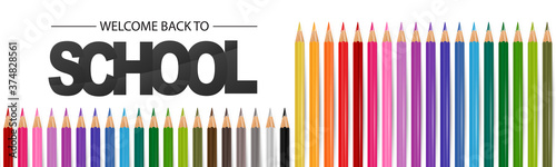 School banner or header. Coloring pencils on white background. 3d realistic illustration.