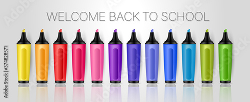 School banner or header. Colorful highlighters on white background. 3d realistic illustration.