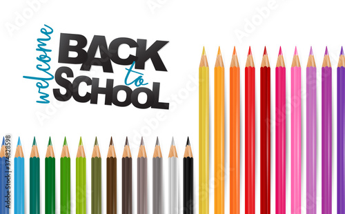 School banner. Coloring pencils on white background. 3d realistic illustration.