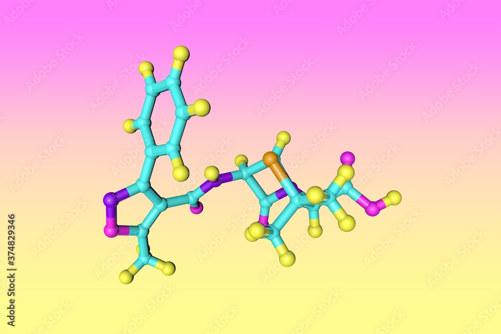 Molecular model of oxacillin, a penicillin beta-lactam antibiotic used to the treatment of bacterial infections caused by gram-positive microbes. Scientific background. 3d illustration Molecular model of oxacillin, a penicillin beta-lactam antibiotic used to the treatment of bacterial infections caused by gram-positive microbes. Scientific background. 3d illustration