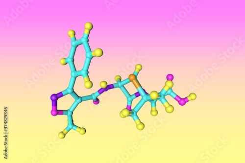 Molecular model of oxacillin  a penicillin beta-lactam antibiotic used to the treatment of bacterial infections caused by gram-positive microbes. Scientific background. 3d illustration