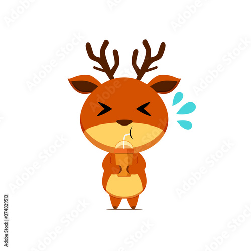 Cute reindeer character feeling thirsty isolated on white background. Reindeer character emoticon illustration