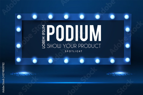 Show podium with spotlights. Presentation light effect. Illuminated winner place.