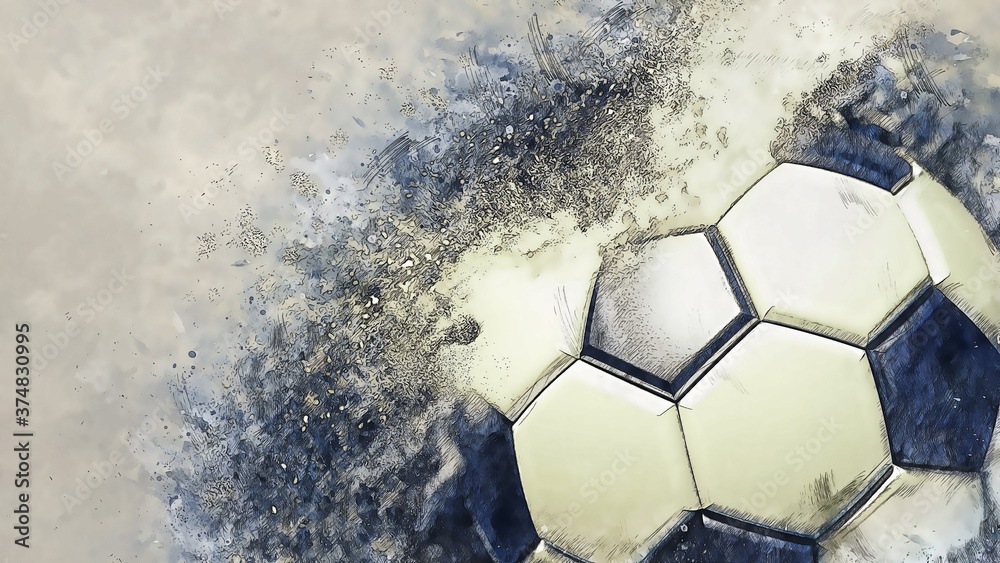 Naklejka Soccer ball with particles illustration combined pencil sketch and watercolor sketch. 3D illustration. 3D CG. High resolution.