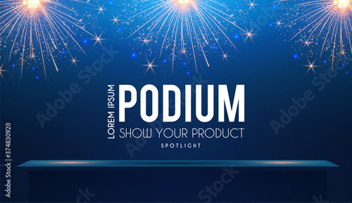 Podium. Stairs and shelf with spotlight and fireworks. Win design. Show your offer.