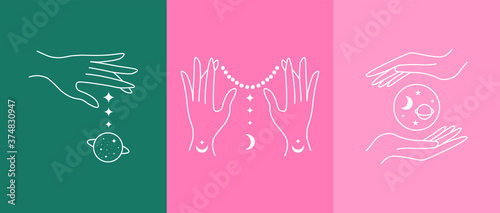 Boho hand drawn mystic logos linear style. Magic doodle esoteric set  with hands, moon, planet, stars, space. Bohemian vector illustration simple line