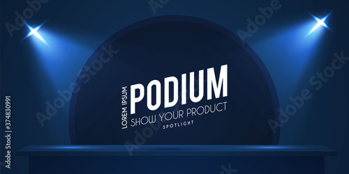 Show podium with spotlights. Presentation light effect. Illuminated winner place.
