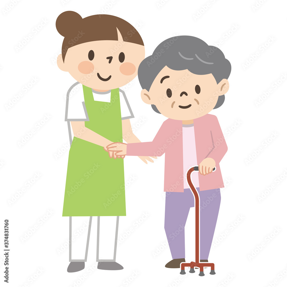 杖をついた高齢者女性を介助する若い女性介護士