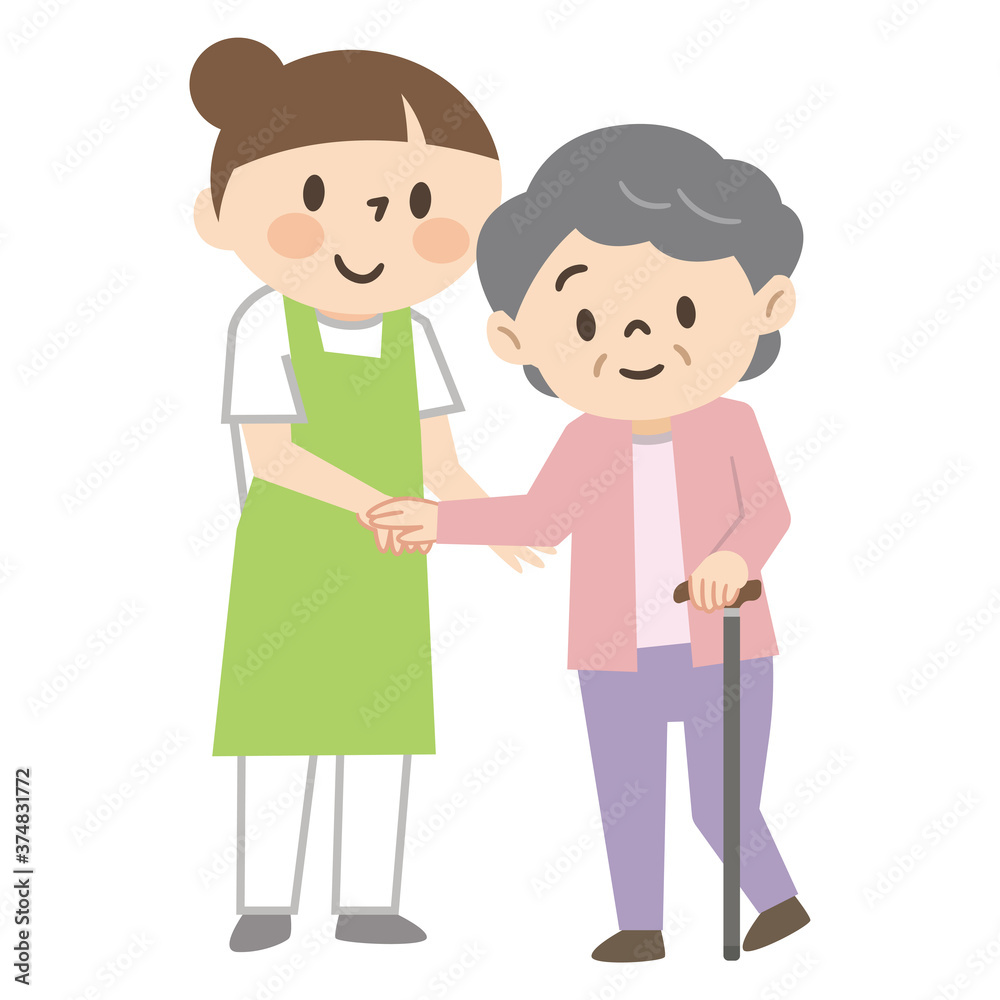 杖をついた高齢者女性を介助する若い女性介護士