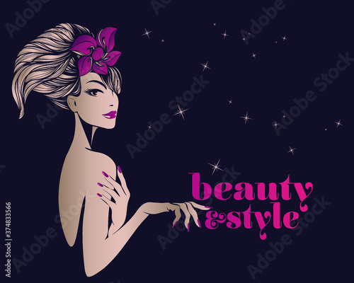 Beautiful woman with flower in her hair, elegant hairstyle, makeup and manicure.Beauty salon, hairdresser, nails art studio.Cosmetics and spa icon.Lipstick and nail polish.Young lady portrait.