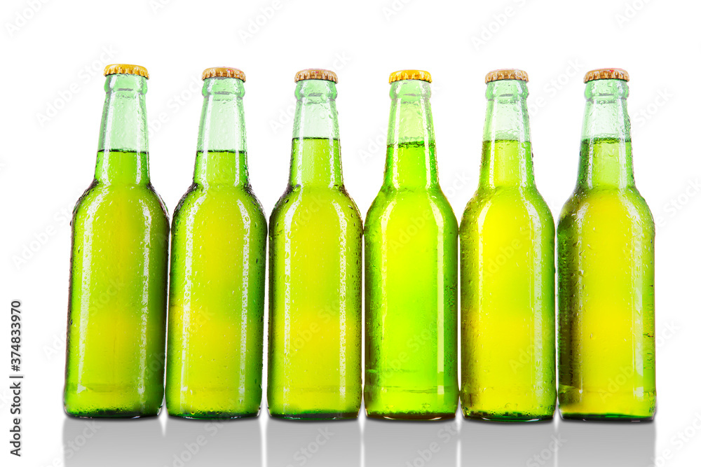 Close up of a row unopened bottles of cold beer