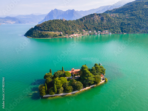 Iseo lake aerial view, Montisola in Lombardy district, Brescia province, Italy photo